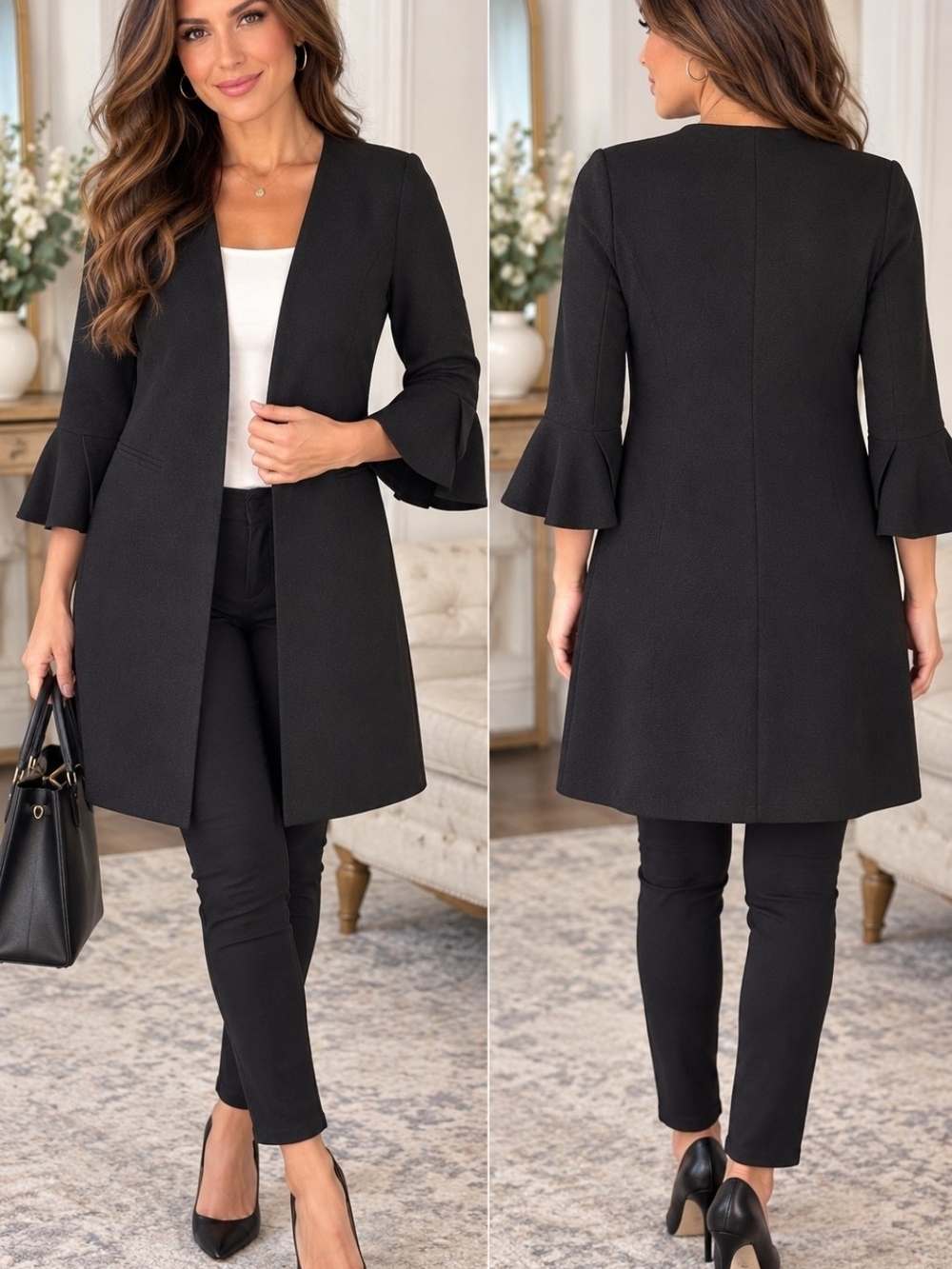Tahari Arthur S. Levine NWOT Black Open Front Bell Sleeve Topper Jacket Blazer
